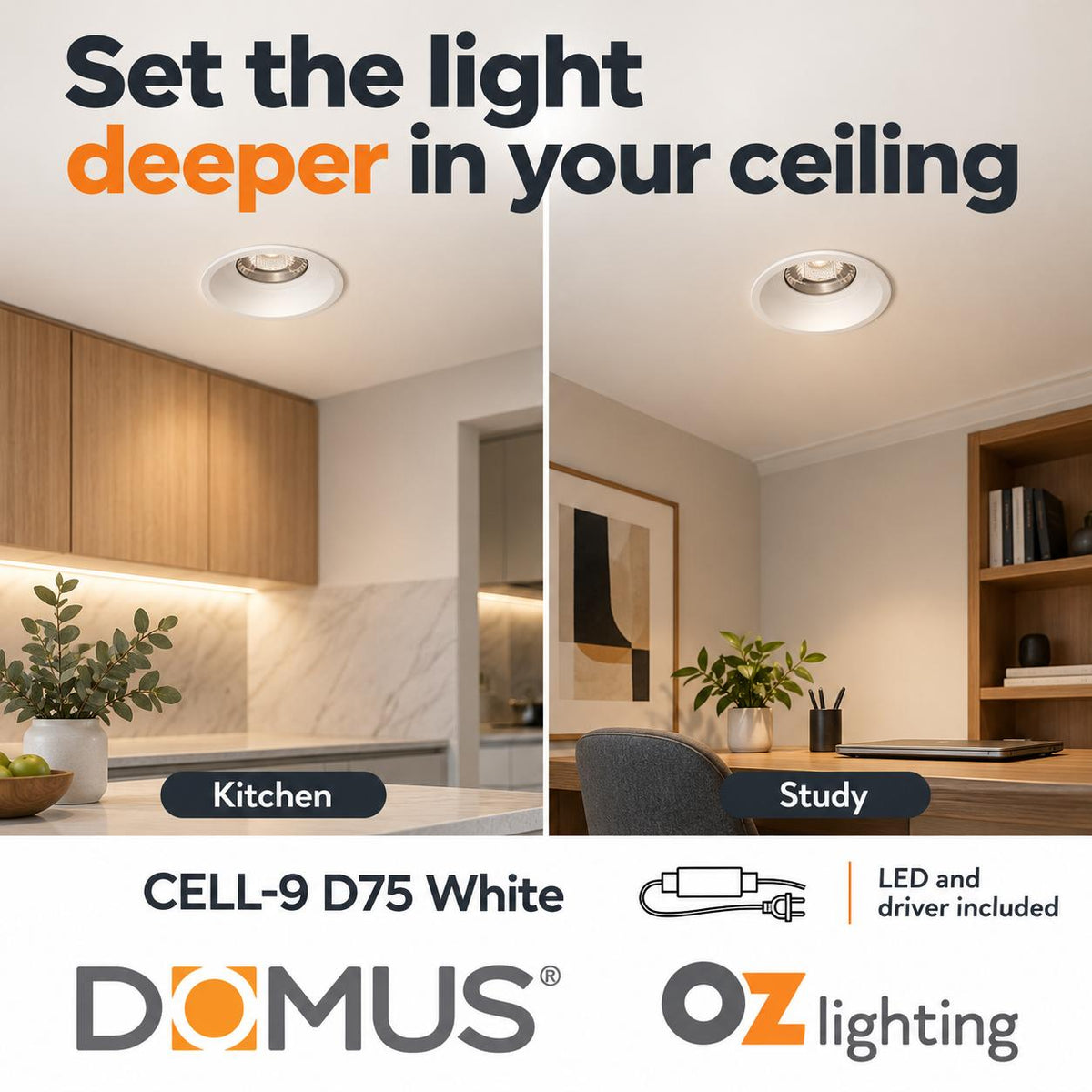 Domus CELL-9-5CCT-D75 LED Downlight - 9W, 5-CCT, Dimmable, Fixed, Deepset-Domus Lighting-Ozlighting.com.au