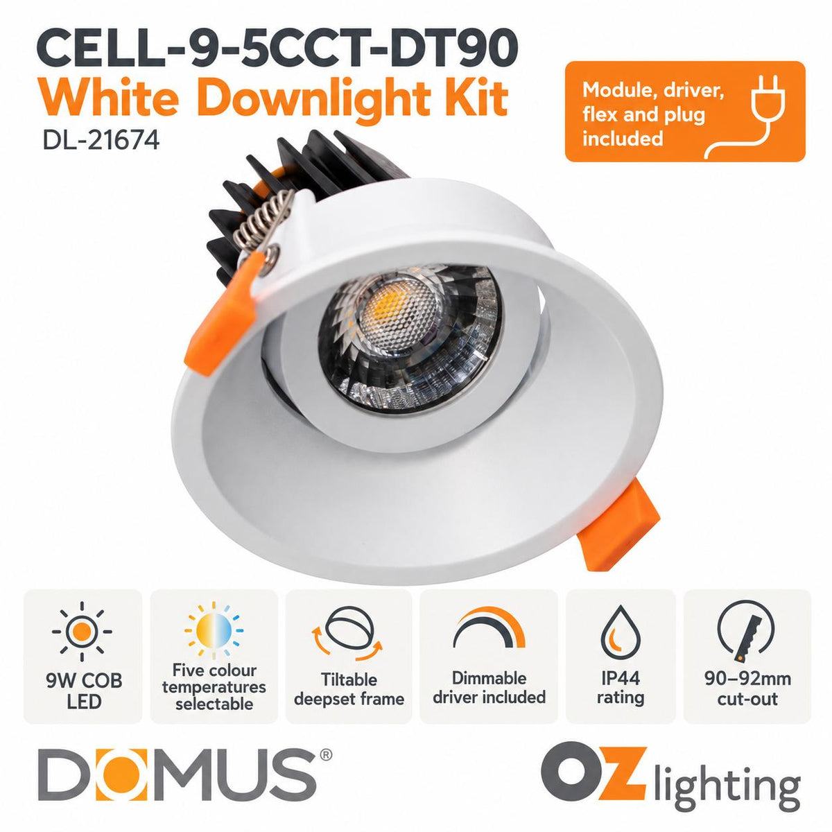 Domus CELL-9-5CCT-DT90 LED Downlight - 9W, 5-CCT, Dimmable, Deepset-Domus Lighting-Ozlighting.com.au
