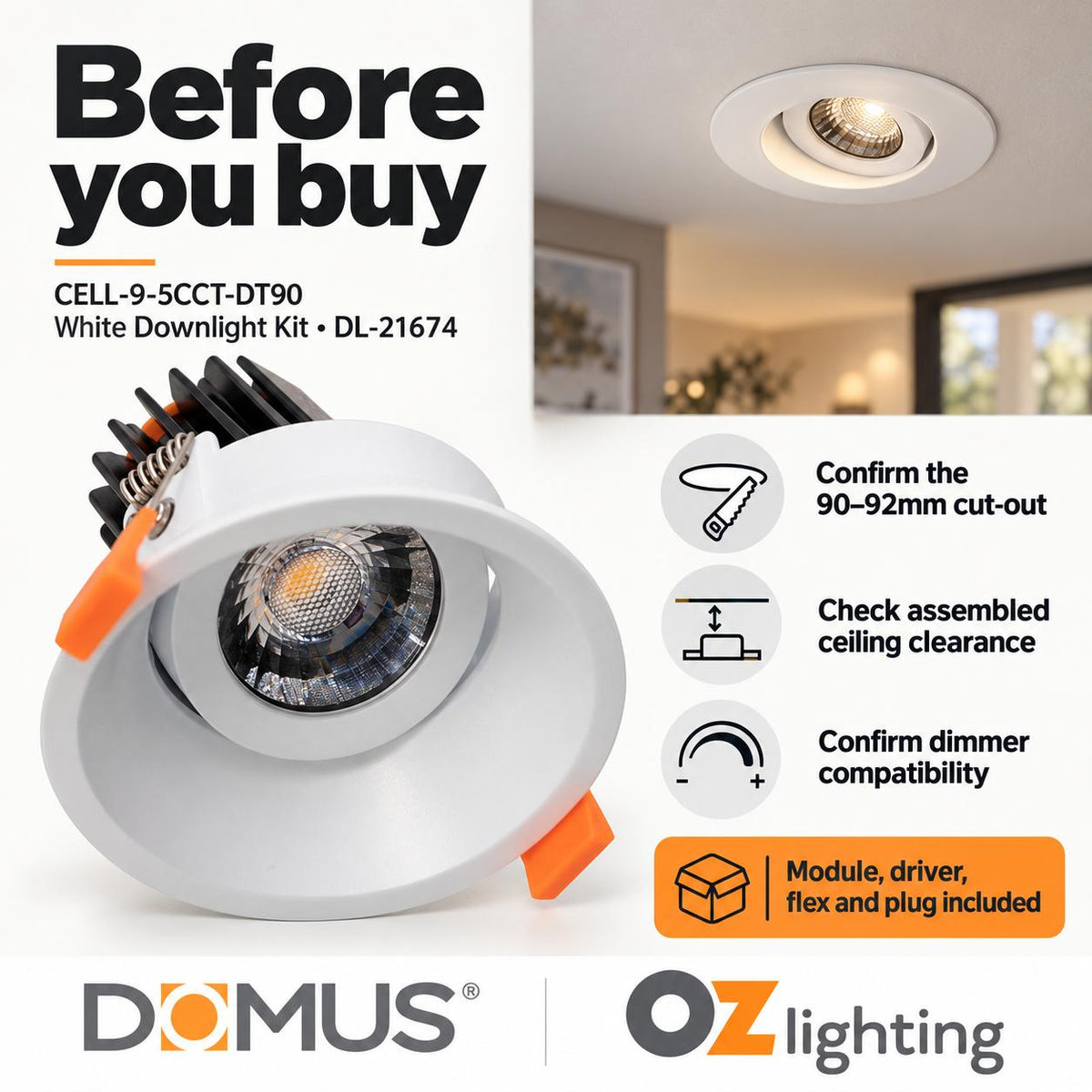 Domus CELL-9-5CCT-DT90 LED Downlight - 9W, 5-CCT, Dimmable, Deepset-Domus Lighting-Ozlighting.com.au