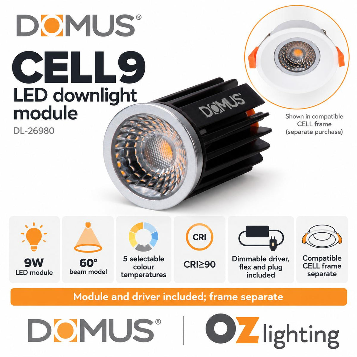 Domus CELL-9-5CCT LED Downlight Module - 9W, 5-CCT, Colour Switchable-Domus Lighting-Ozlighting.com.au