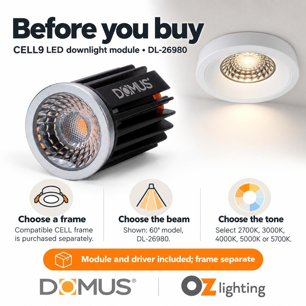Domus CELL-9-5CCT LED Downlight Module - 9W, 5-CCT, Colour Switchable-Domus Lighting-Ozlighting.com.au