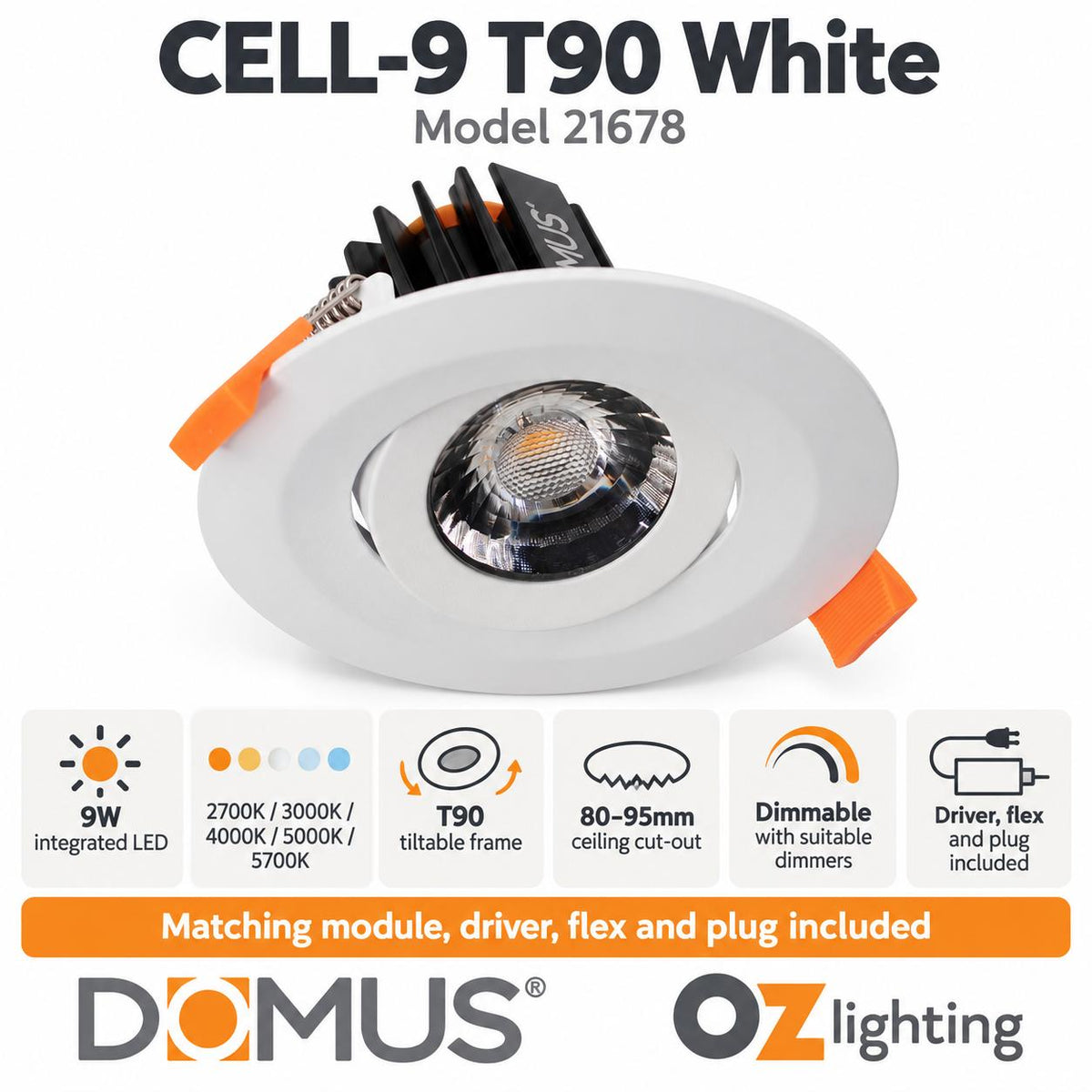Domus CELL-9-5CCT-T90 LED Downlight - 9W, 5-CCT, Dimmable-Domus Lighting-Ozlighting.com.au