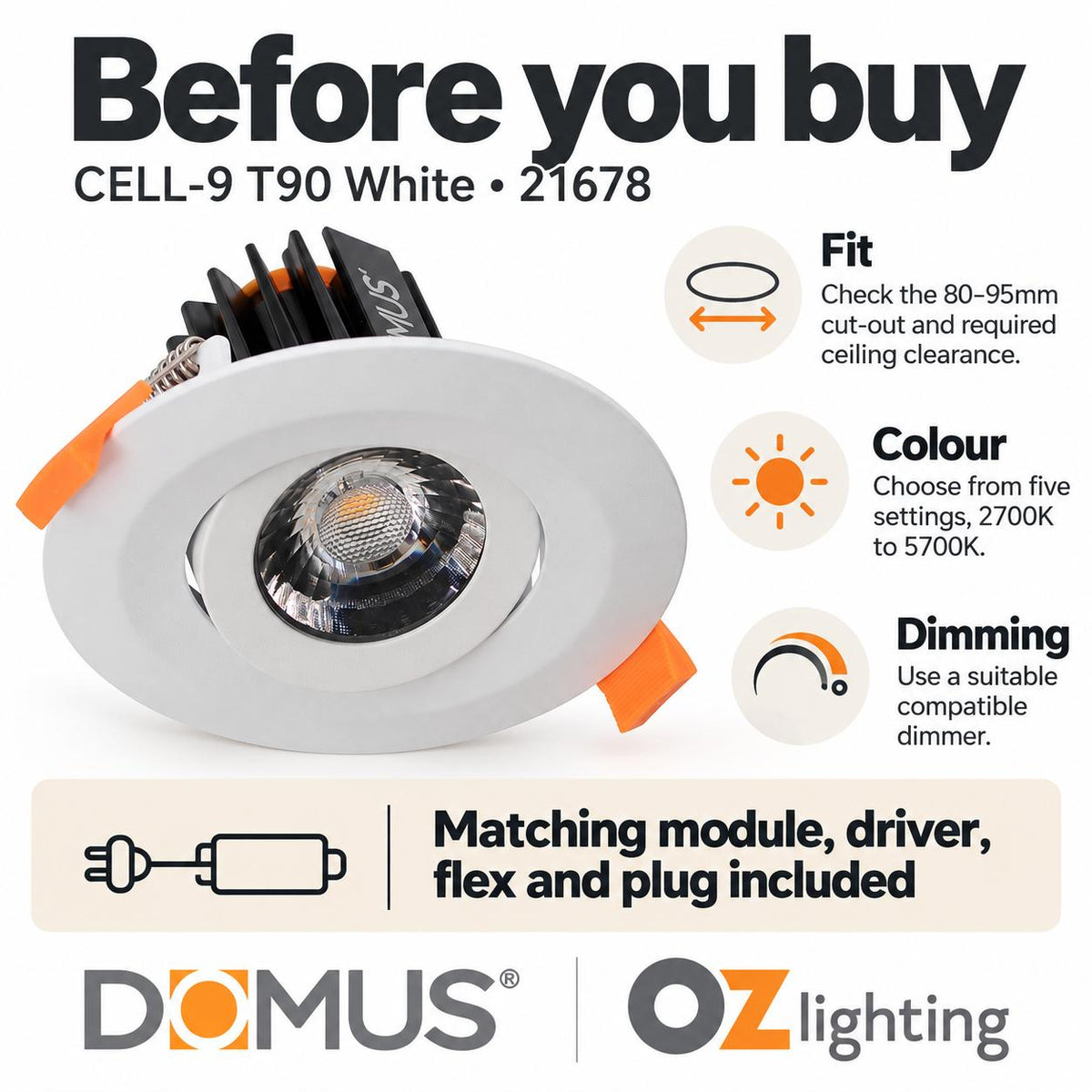 Domus CELL-9-5CCT-T90 LED Downlight - 9W, 5-CCT, Dimmable-Domus Lighting-Ozlighting.com.au