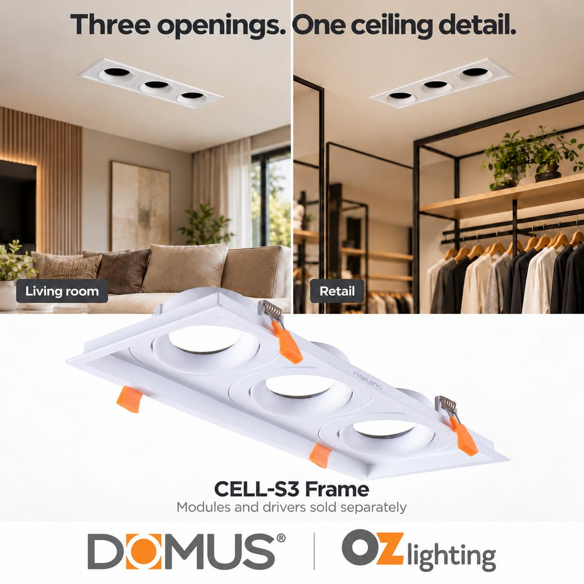 Domus CELL-S3 3 Light Slotter S3 Downlight Frame - to suit CELL Downlight Module Series-Domus Lighting-Ozlighting.com.au