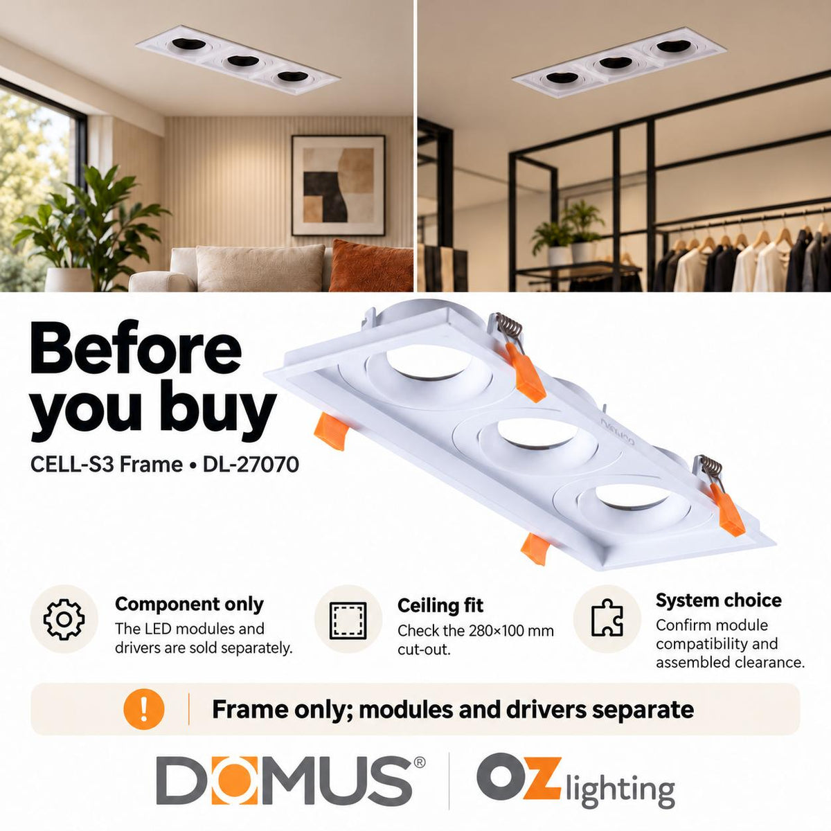 Domus CELL-S3 3 Light Slotter S3 Downlight Frame - to suit CELL Downlight Module Series-Domus Lighting-Ozlighting.com.au