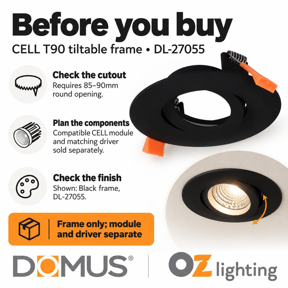 Domus CELL-T90 Tiltable T90 Downlight Frame - to suit CELL Downlight Module Series-Domus Lighting-Ozlighting.com.au