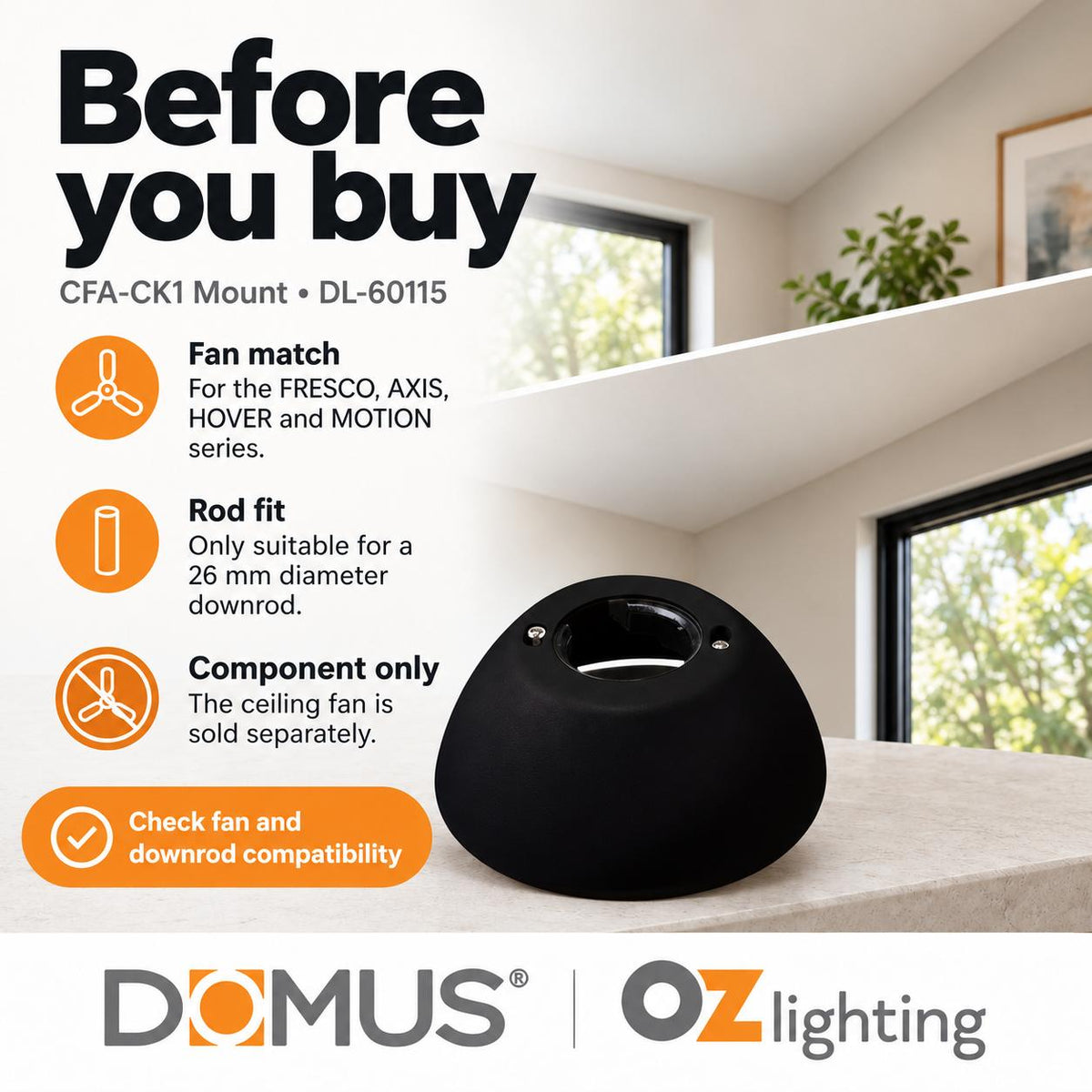 Domus CFA-CK1 Universal 38° Ceiling Mount - Kit for Domus Ceiling Fans-Domus Lighting-Ozlighting.com.au