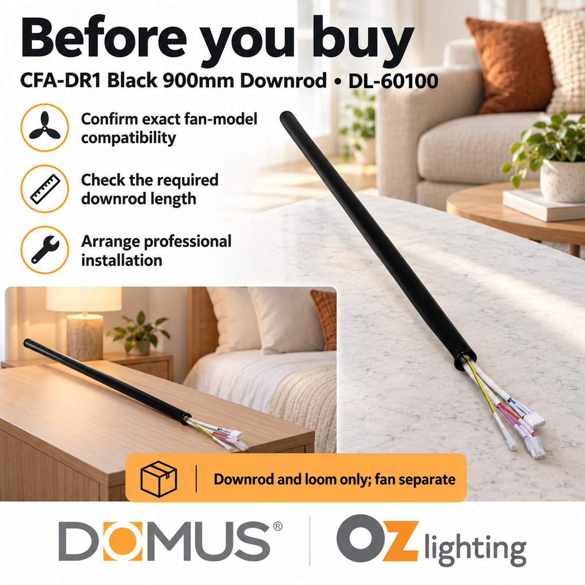 Domus CFA-DR1 Downrod - 90cm, & Wiring Loom for AXIS/HOVER/MOTION Ceiling Fans-Domus Lighting-Ozlighting.com.au