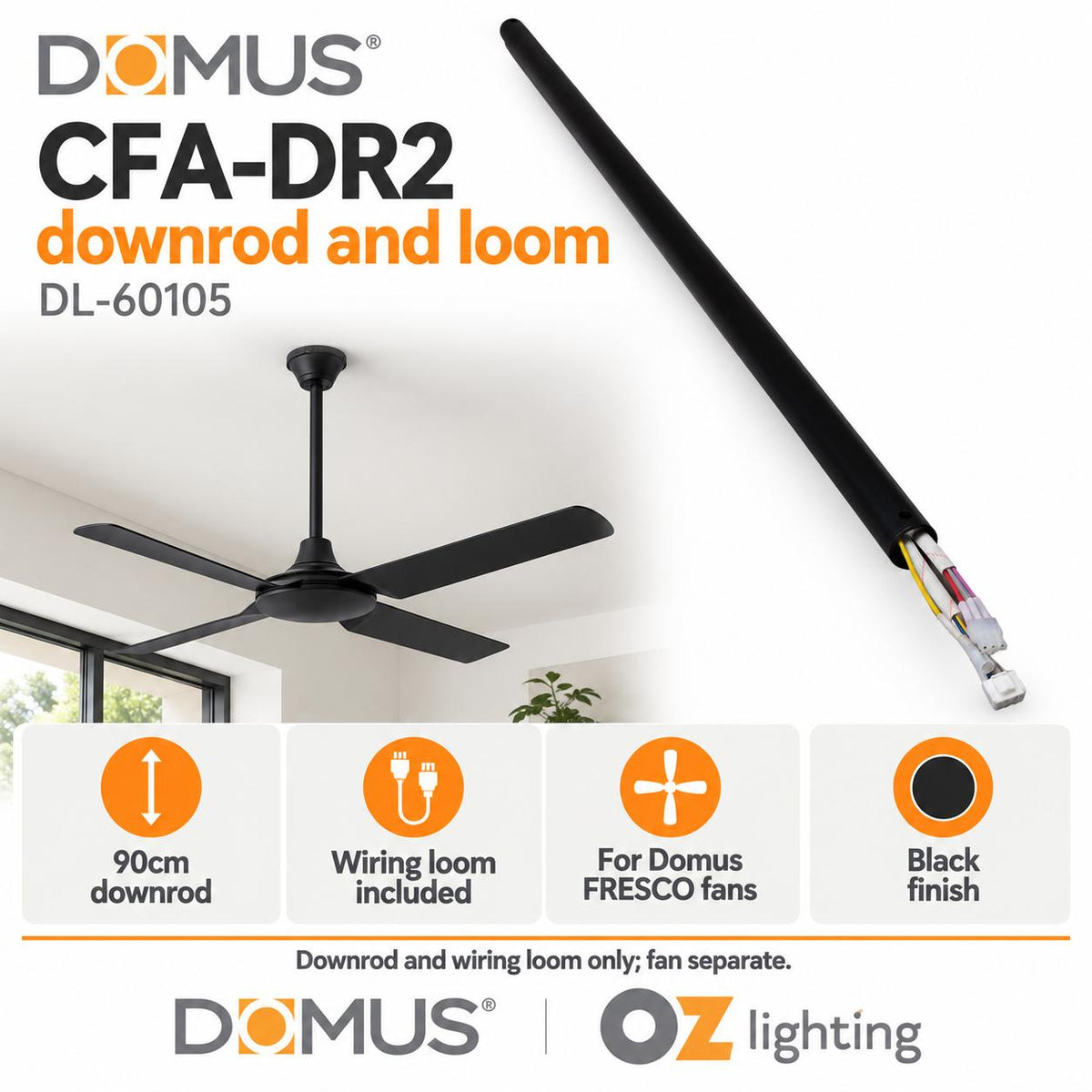 Domus CFA-DR2 Downrod - 90cm, & Wiring Loom for FRESCO Ceiling Fans-Domus Lighting-Ozlighting.com.au