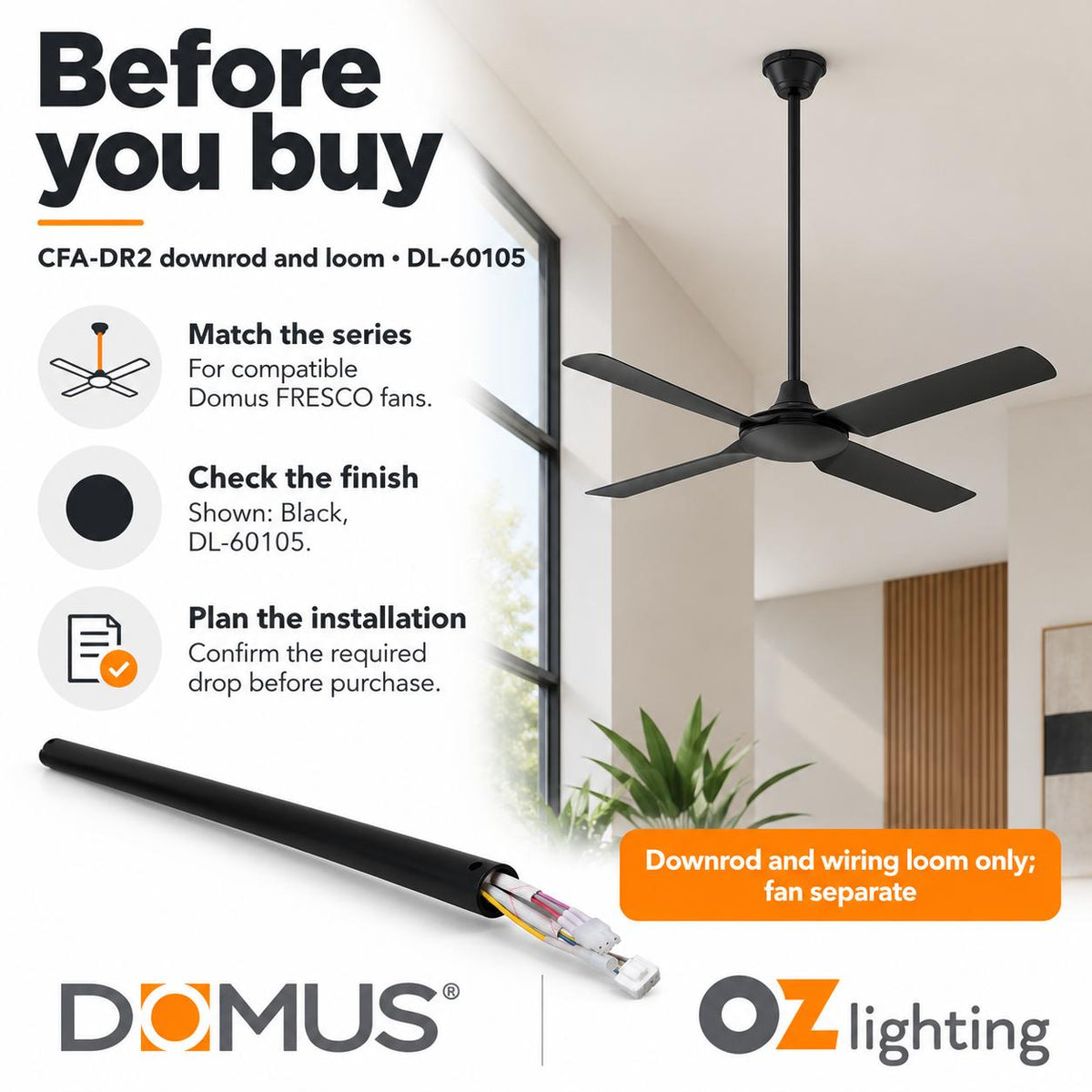 Domus CFA-DR2 Downrod - 90cm, & Wiring Loom for FRESCO Ceiling Fans-Domus Lighting-Ozlighting.com.au