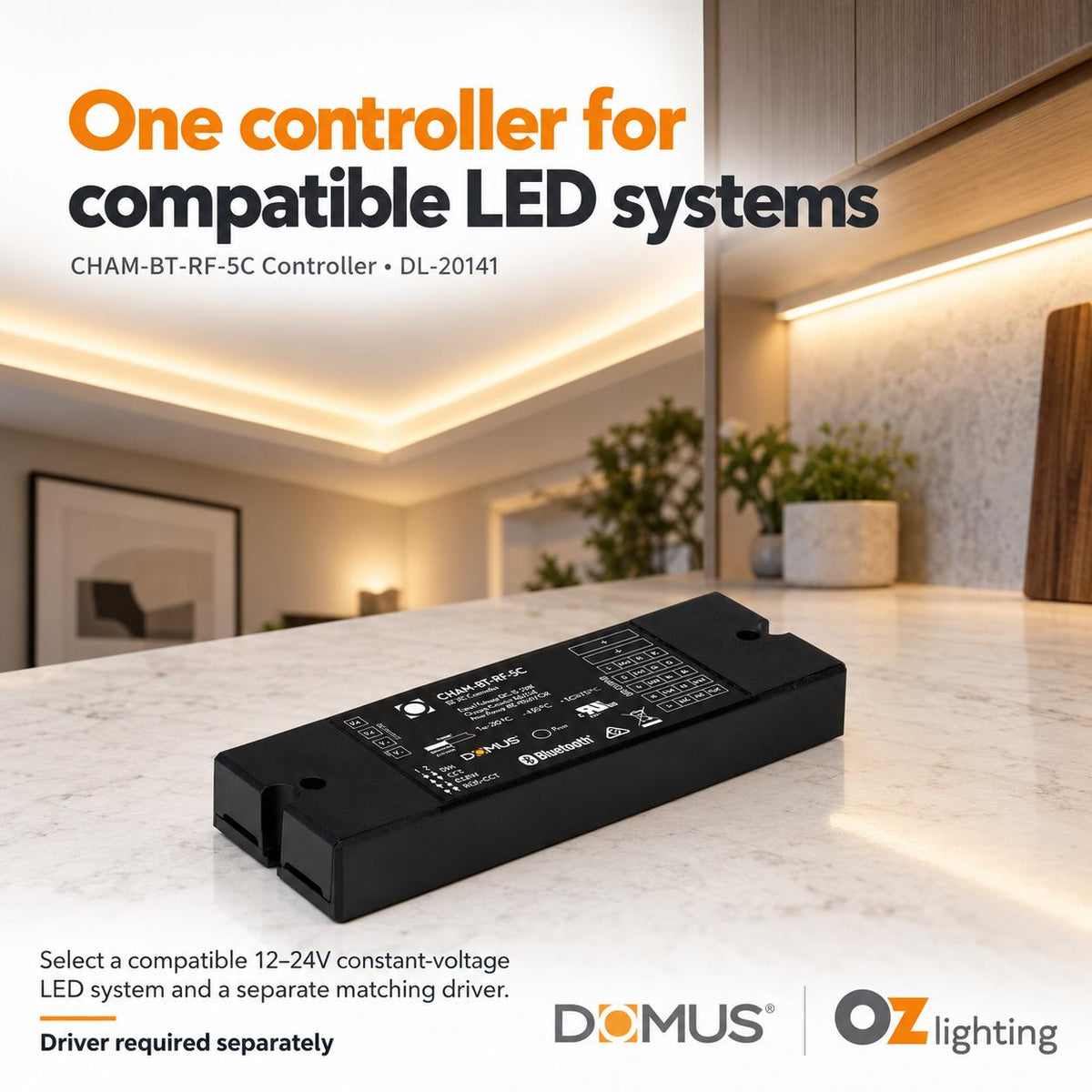 Domus CHAM-BT-RF-5C Controller - Master LED Universal 5 Channel Smart RF and Bluetooth RGB/RGBW/TW/Single Colour - DRIVER REQUIRED-Domus Lighting-Ozlighting.com.au