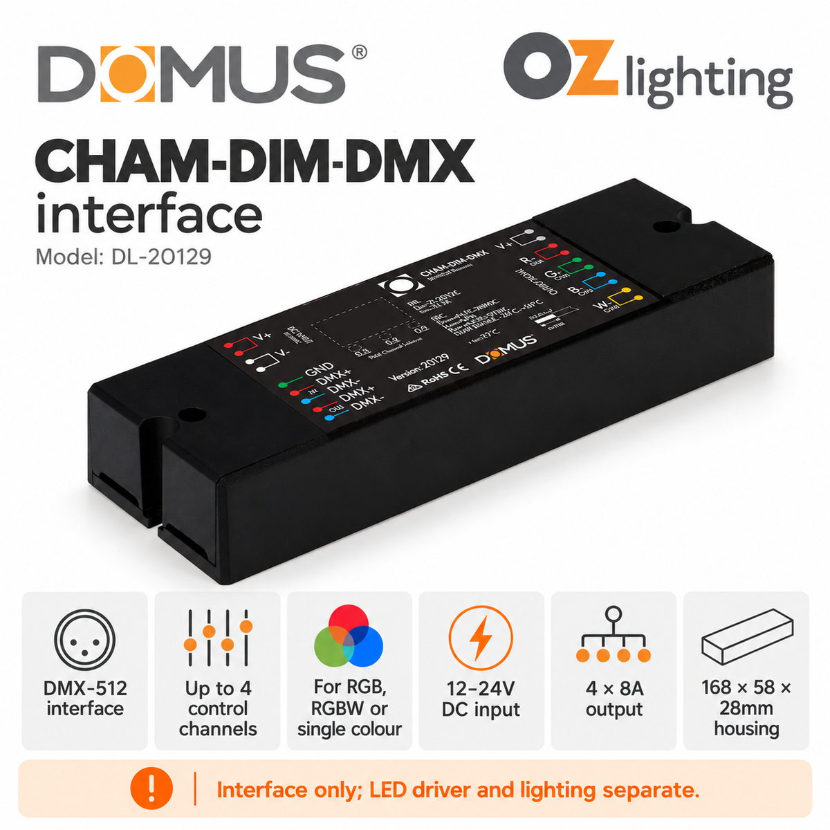 Domus CHAM-DIM-DMX Master LED Universal 4 Channel - RGB/RGBW and Single Colour DMX Interface - DRIVER REQUIRED-Domus Lighting-Ozlighting.com.au