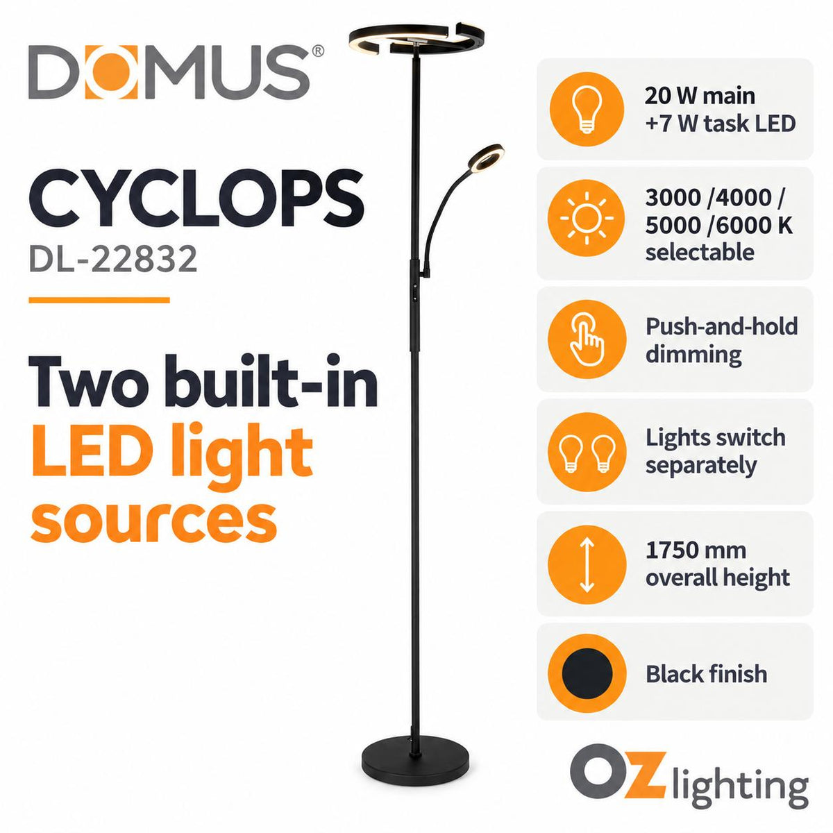 Domus CYCLOPS LED Floor Lamp - 20W+7W, 4-CCT, Push Dimmable, Black-Domus Lighting-Ozlighting.com.au