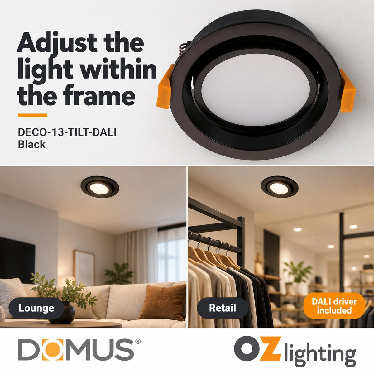 Domus DECO-13-TILT-DALI LED Downlight - 13W, Tri-Colour, DALI Dimmable, IP44, Round, Tilt, Adjustable-Domus Lighting-Ozlighting.com.au