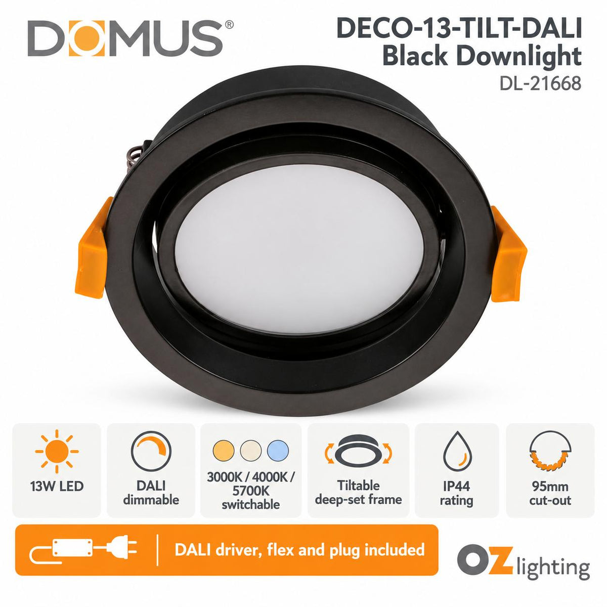 Domus DECO-13-TILT-DALI LED Downlight - 13W, Tri-Colour, DALI Dimmable, IP44, Round, Tilt, Adjustable-Domus Lighting-Ozlighting.com.au