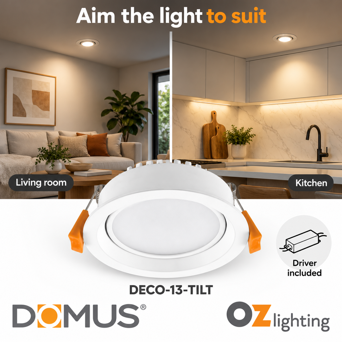 Domus DECO-13-TILT LED Downlight - 13W, Tri-Colour, Dimmable, IP44, Round, Tilt, Adjustable-Domus Lighting-Ozlighting.com.au