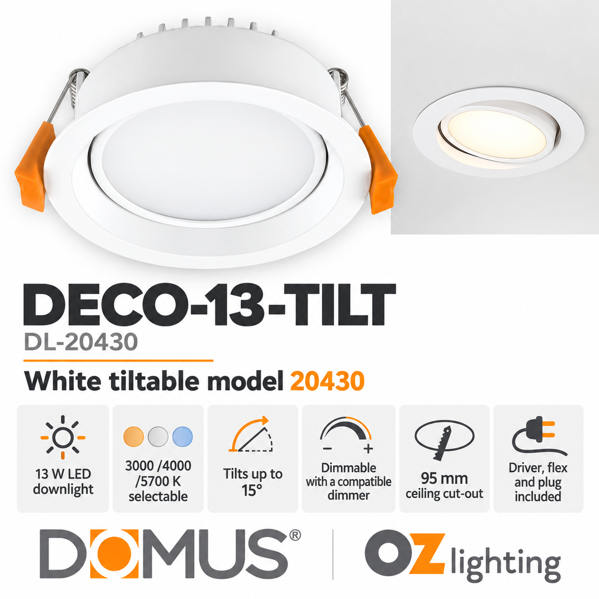 Domus DECO-13-TILT LED Downlight - 13W, Tri-Colour, Dimmable, IP44, Round, Tilt, Adjustable-Domus Lighting-Ozlighting.com.au