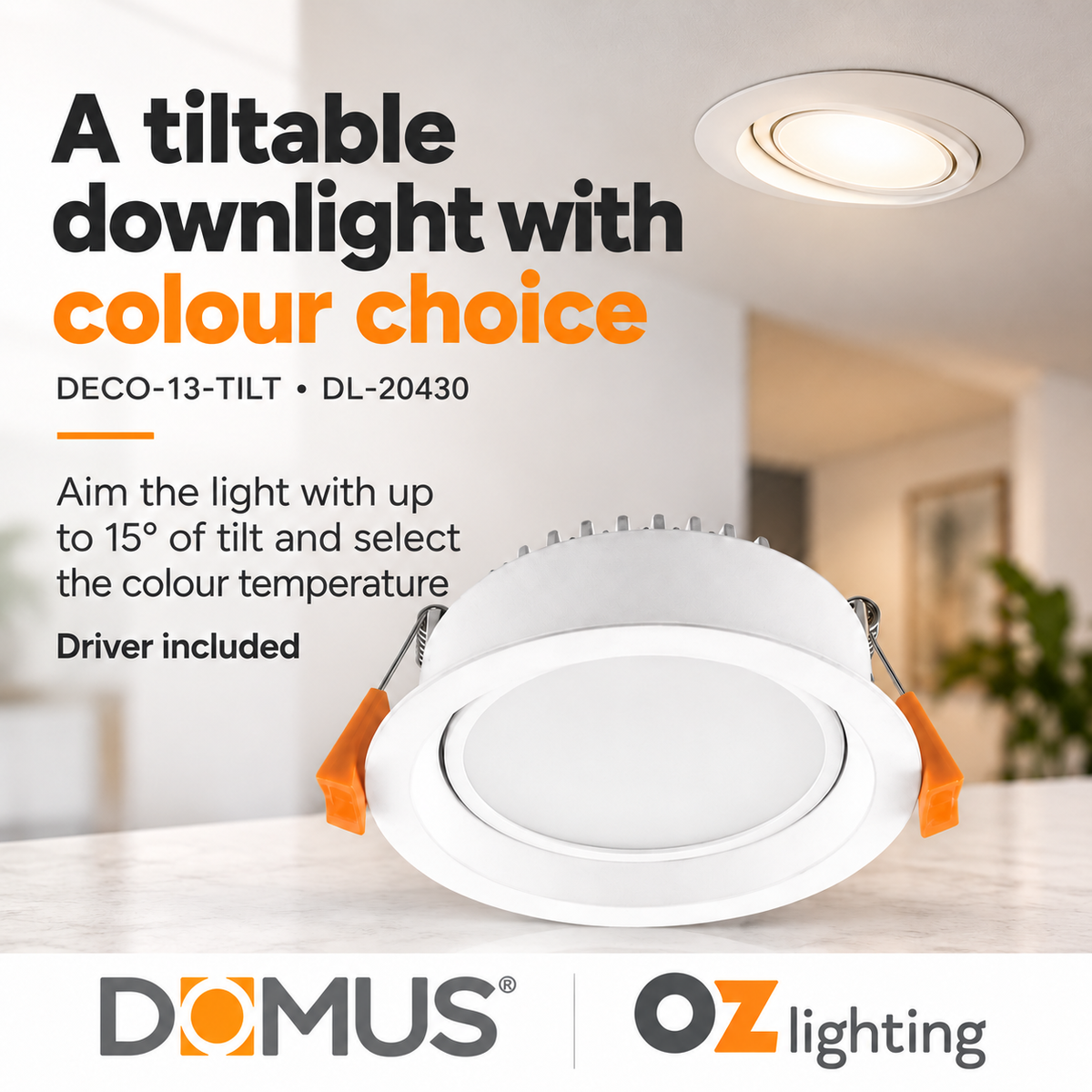 Domus DECO-13-TILT LED Downlight - 13W, Tri-Colour, Dimmable, IP44, Round, Tilt, Adjustable-Domus Lighting-Ozlighting.com.au