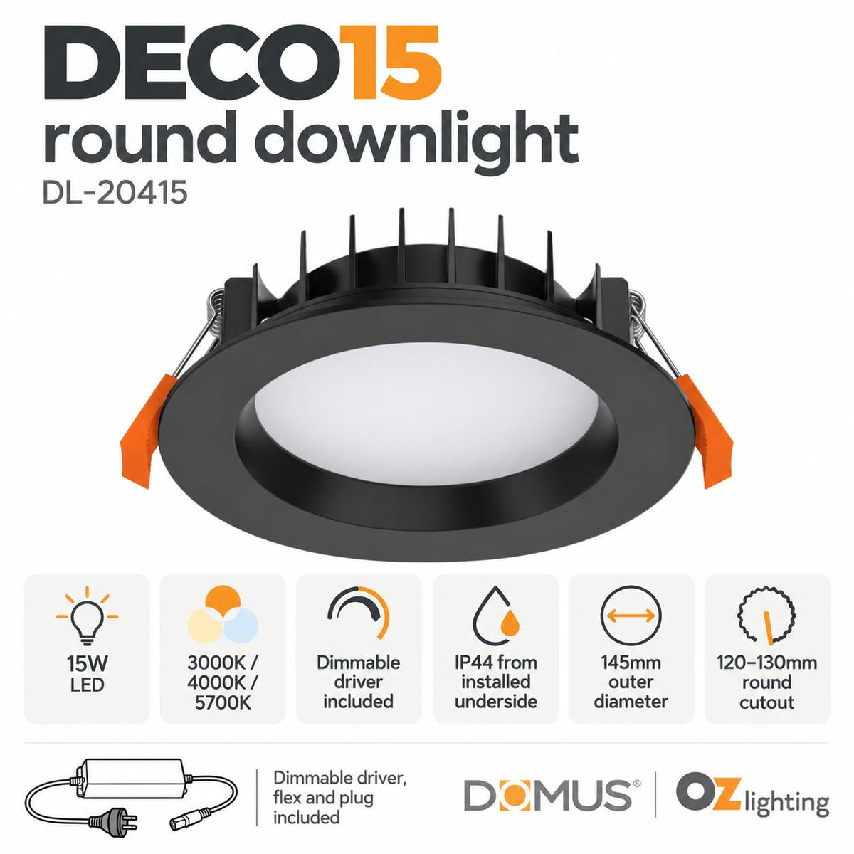Domus DECO-15 LED Downlight - 15W, Tri-Colour, Dimmable, Round, Deepset-Domus Lighting-Ozlighting.com.au