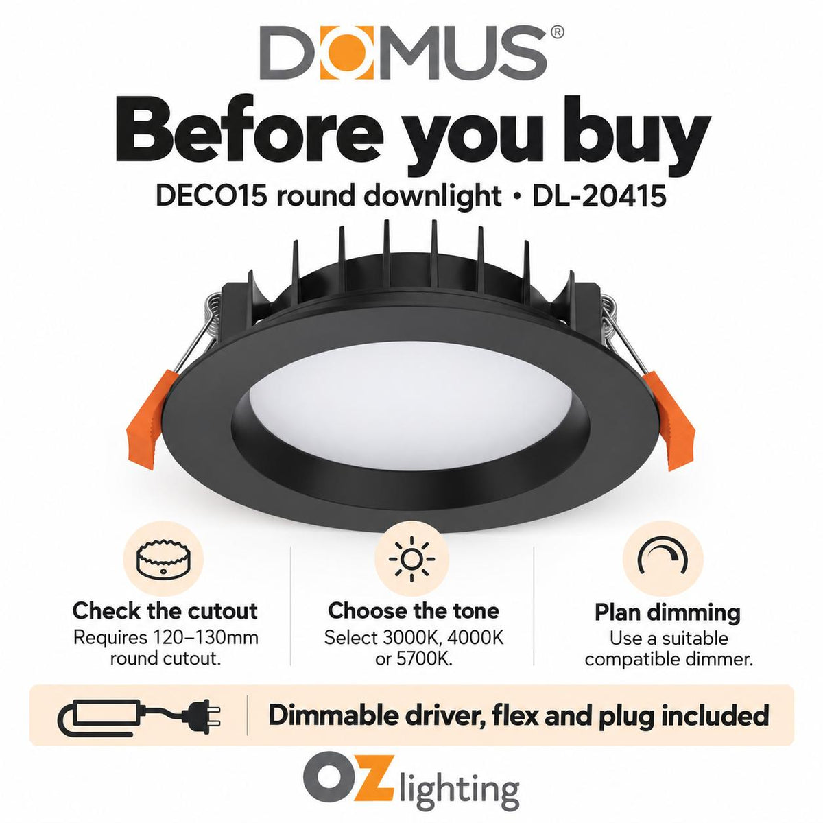 Domus DECO-15 LED Downlight - 15W, Tri-Colour, Dimmable, Round, Deepset-Domus Lighting-Ozlighting.com.au