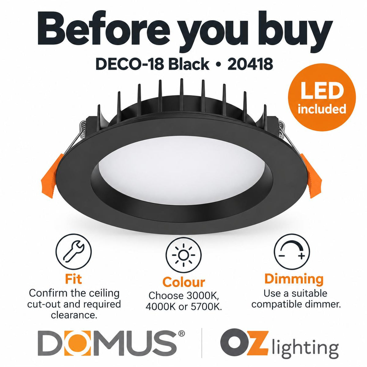 Domus DECO-18 LED Downlight - 18W, Tri-Colour, Dimmable, Round, Deepset-Domus Lighting-Ozlighting.com.au