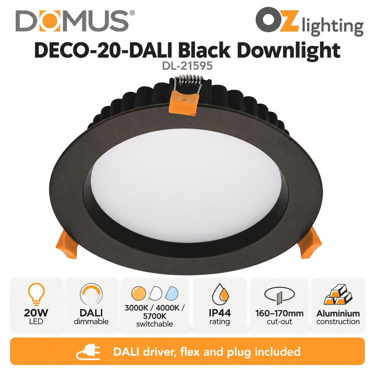 Domus DECO-20-DALI LED Downlight - 20W, Tri-Colour, DALI Dimmable, IP44, Round, Deep Face-Domus Lighting-Ozlighting.com.au
