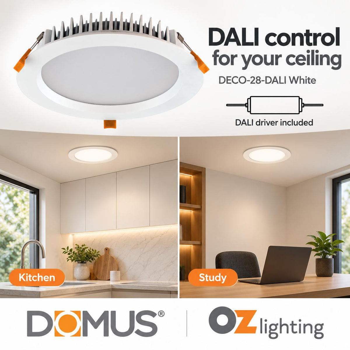 Domus DECO-28-DALI LED Downlight - 28W, Tri-Colour, DALI Dimmable, IP44, Round, Deep Face-Domus Lighting-Ozlighting.com.au
