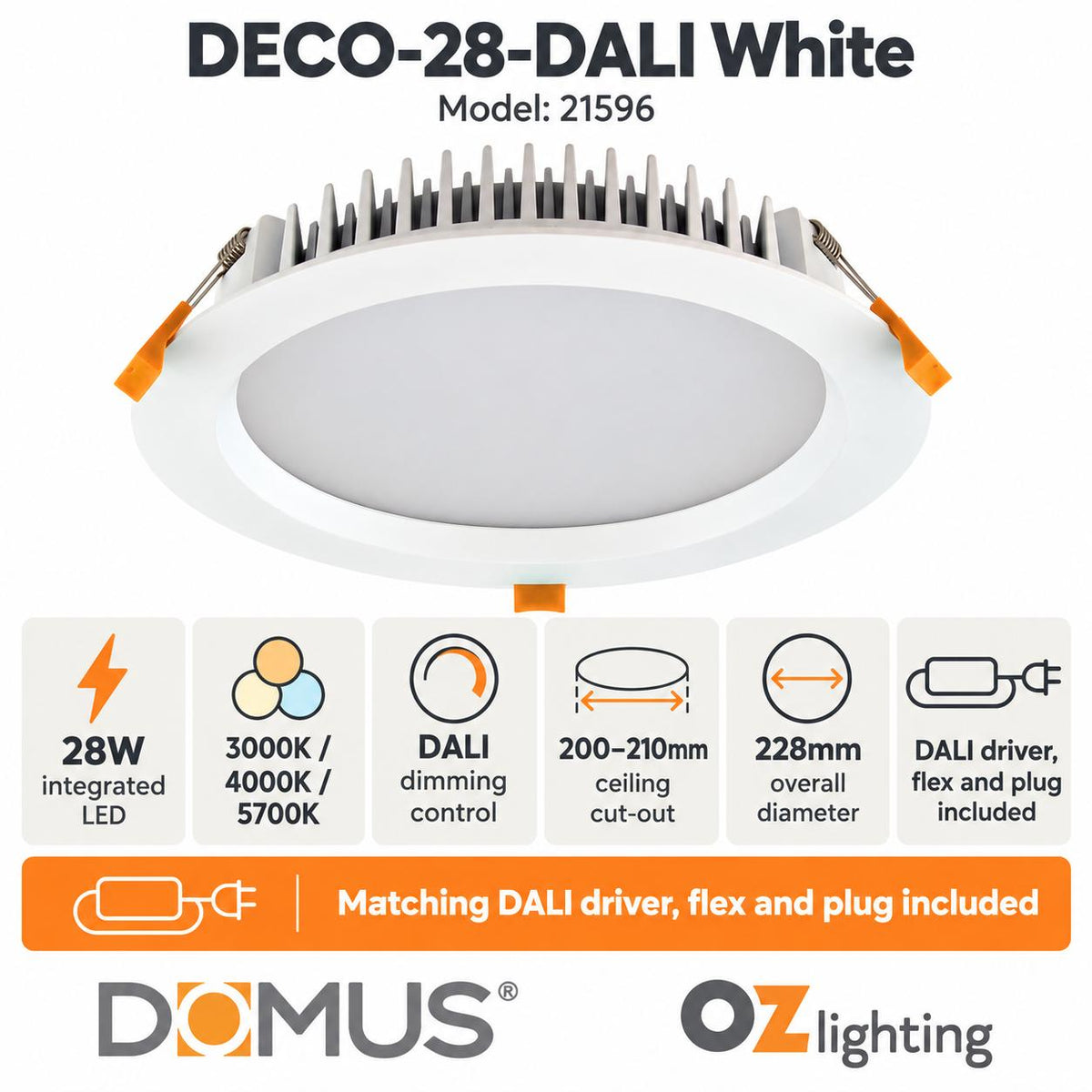Domus DECO-28-DALI LED Downlight - 28W, Tri-Colour, DALI Dimmable, IP44, Round, Deep Face-Domus Lighting-Ozlighting.com.au