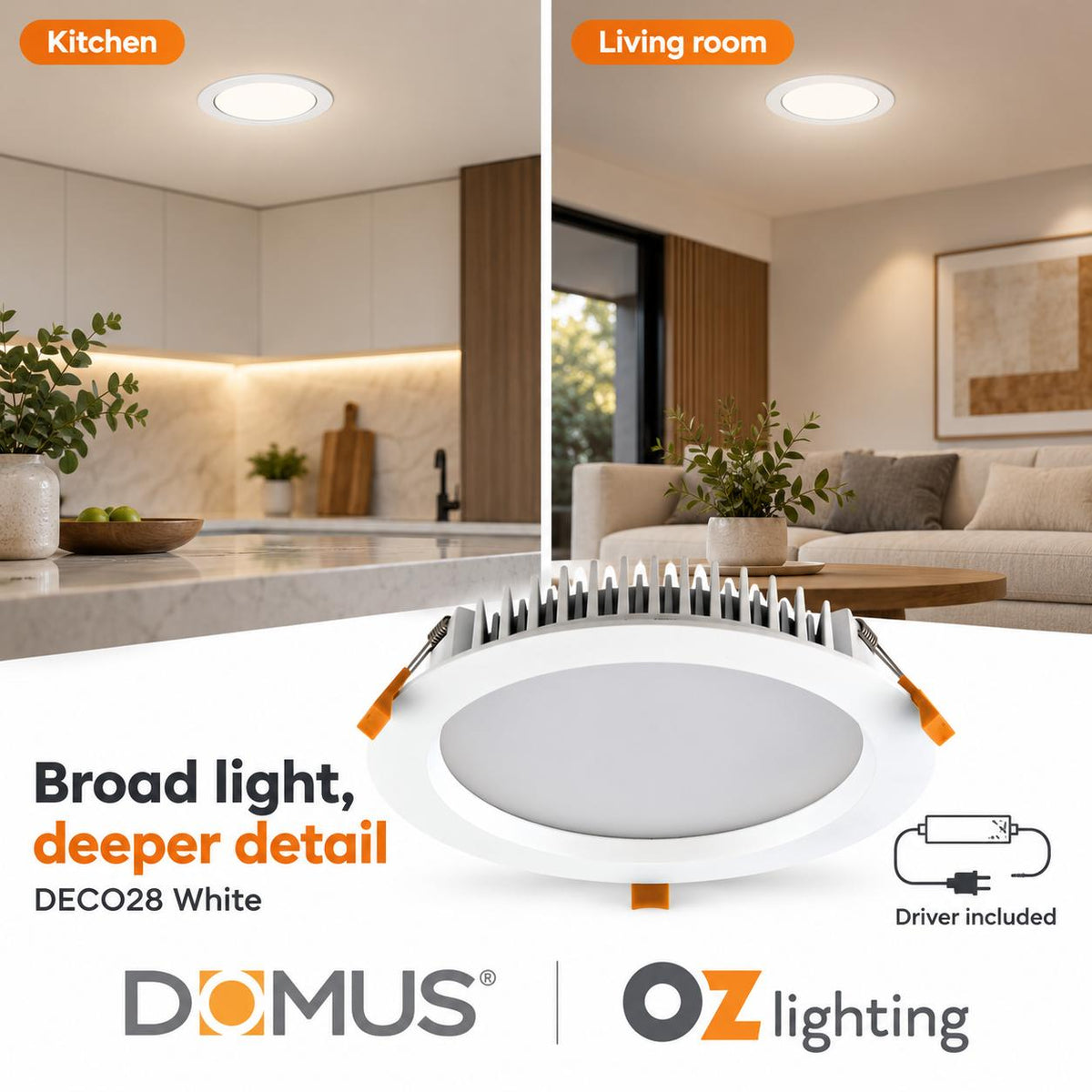 Domus DECO-28 LED Downlight - 28W, Tri-Colour, Dimmable, IP44, Round, Deep Face-Domus Lighting-Ozlighting.com.au