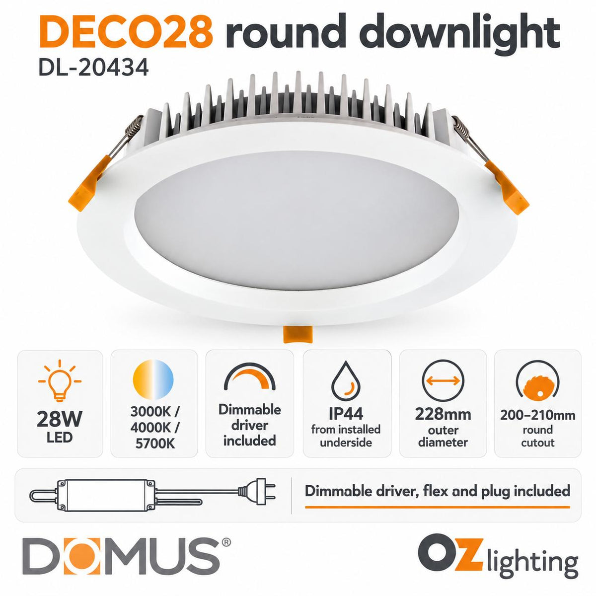 Domus DECO-28 LED Downlight - 28W, Tri-Colour, Dimmable, IP44, Round, Deep Face-Domus Lighting-Ozlighting.com.au