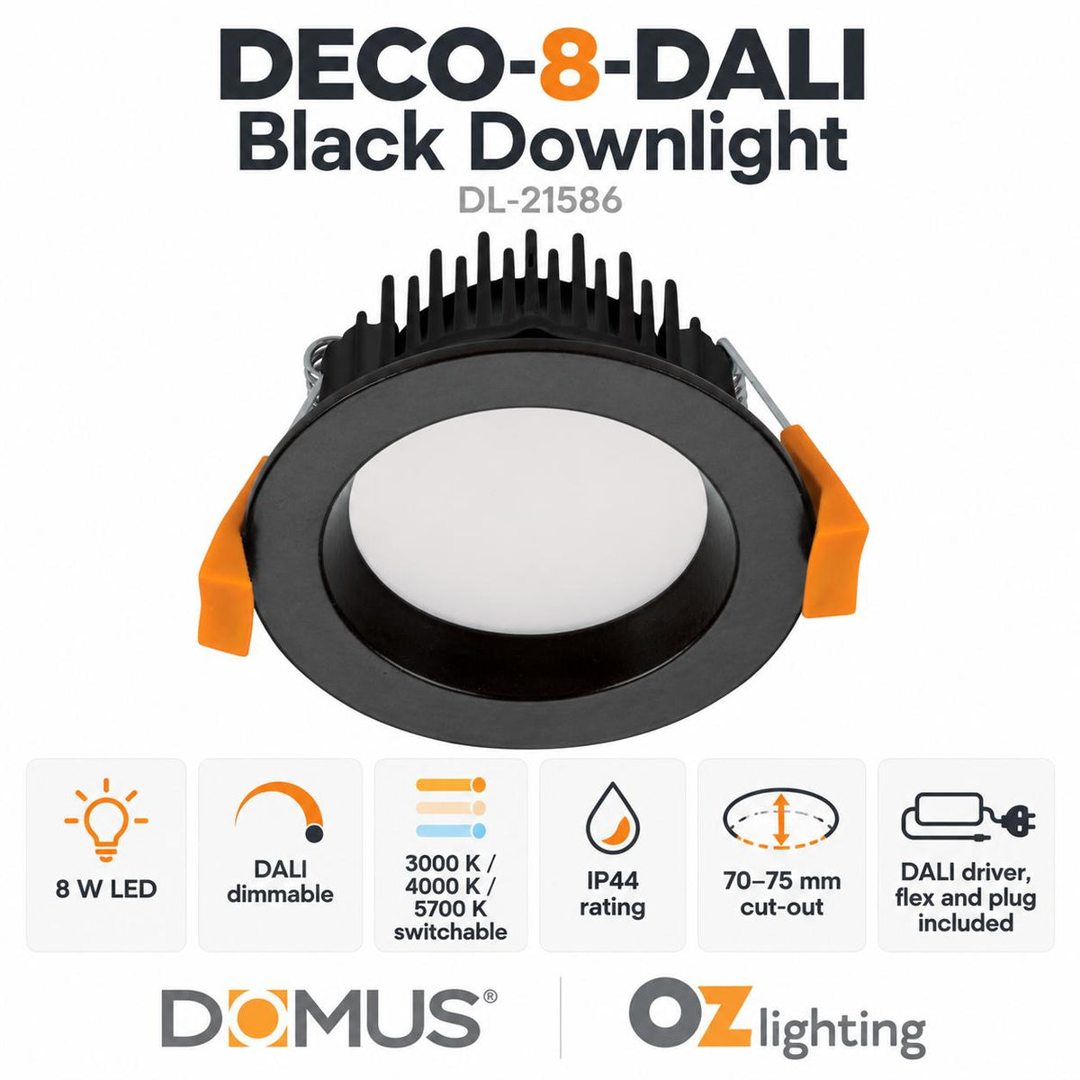 Domus DECO-8-DALI LED Downlight - 8W, Tri-Colour, DALI Dimmable, IP44, Round, Deep Face-Domus Lighting-Ozlighting.com.au