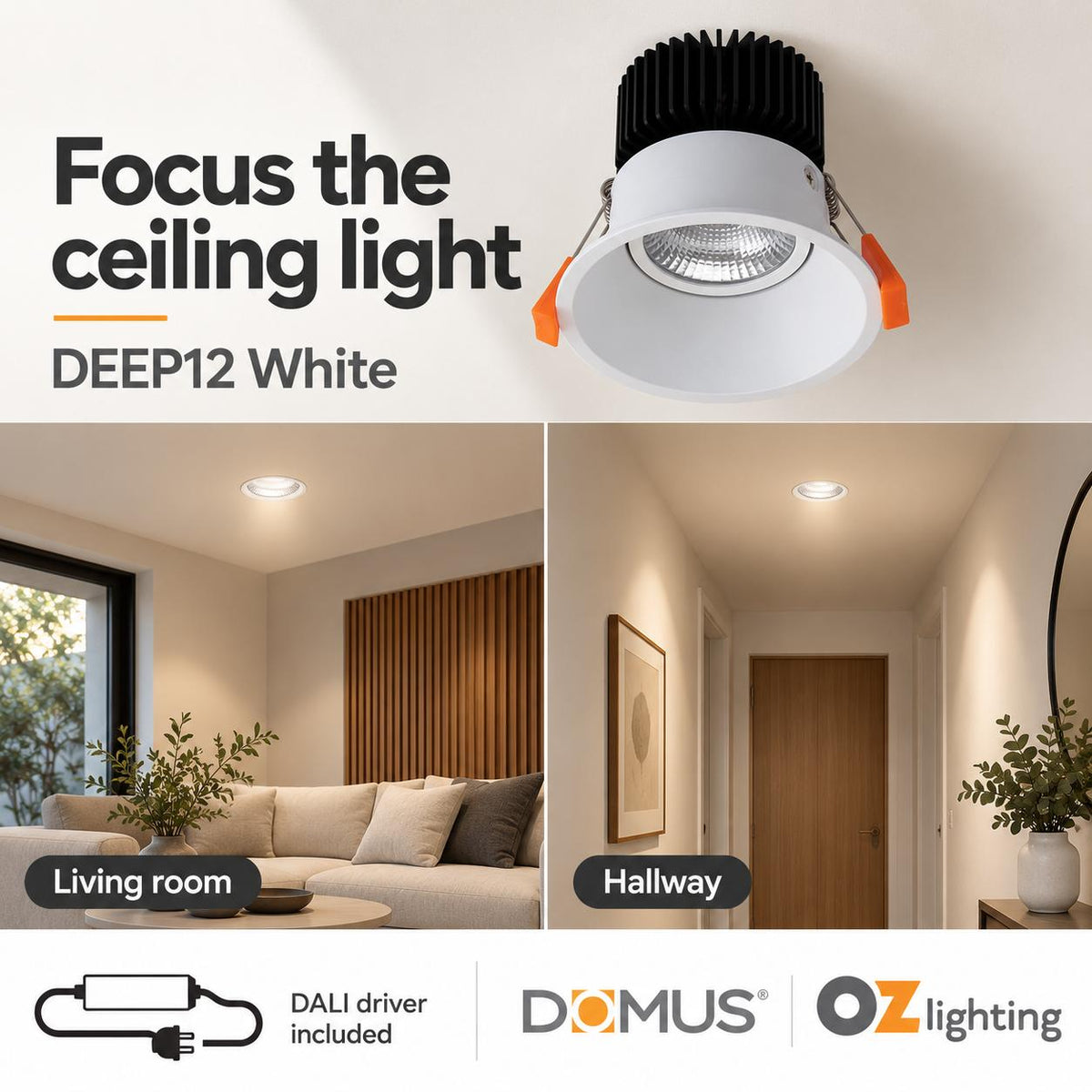 Domus DEEP-12-TRIO-DALI LED Downlight - 12W, Tri-Colour, DALI Dimmable, IP44, Deepset-Domus Lighting-Ozlighting.com.au