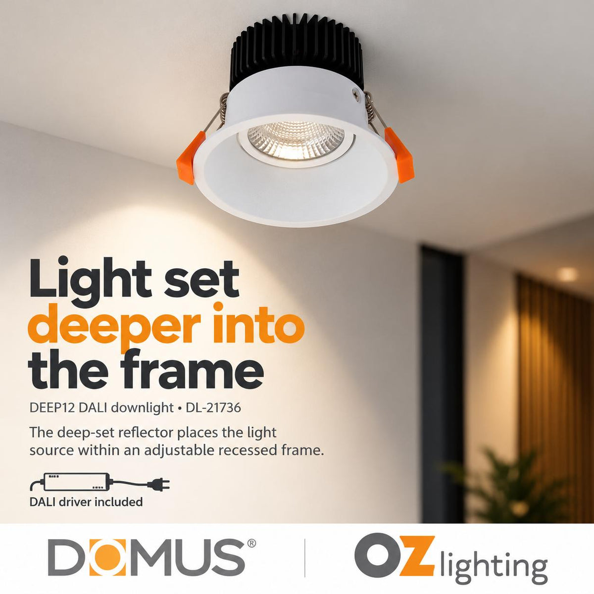 Domus DEEP-12-TRIO-DALI LED Downlight - 12W, Tri-Colour, DALI Dimmable, IP44, Deepset-Domus Lighting-Ozlighting.com.au