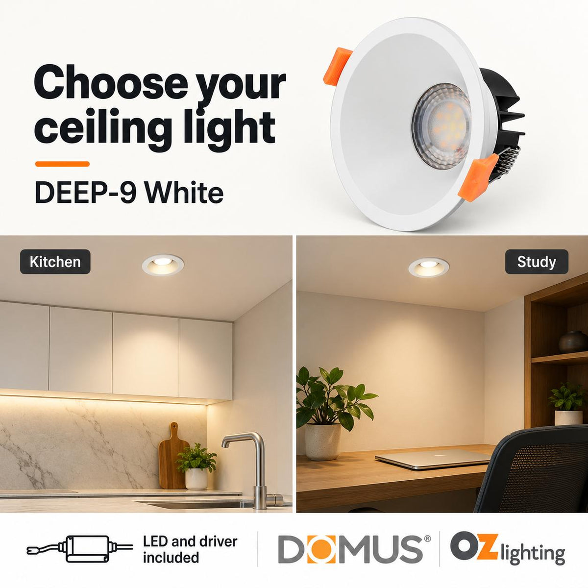 Domus DEEP-9 LED Downlight - 9W, Tri-Colour, Dimmable, IP54, Fixed, Deep Face-Domus Lighting-Ozlighting.com.au