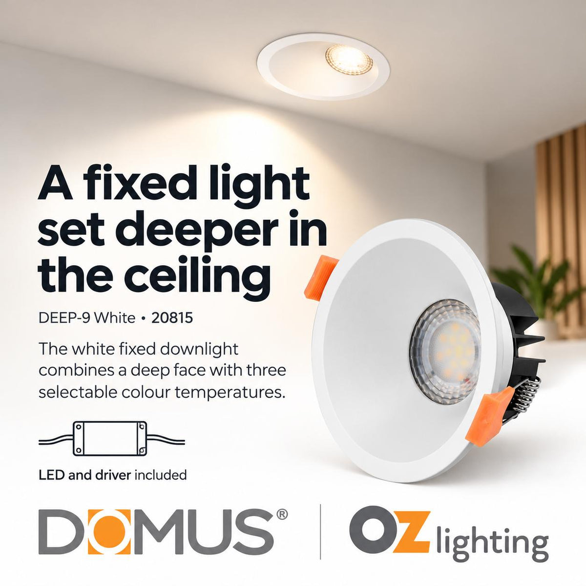 Domus DEEP-9 LED Downlight - 9W, Tri-Colour, Dimmable, IP54, Fixed, Deep Face-Domus Lighting-Ozlighting.com.au