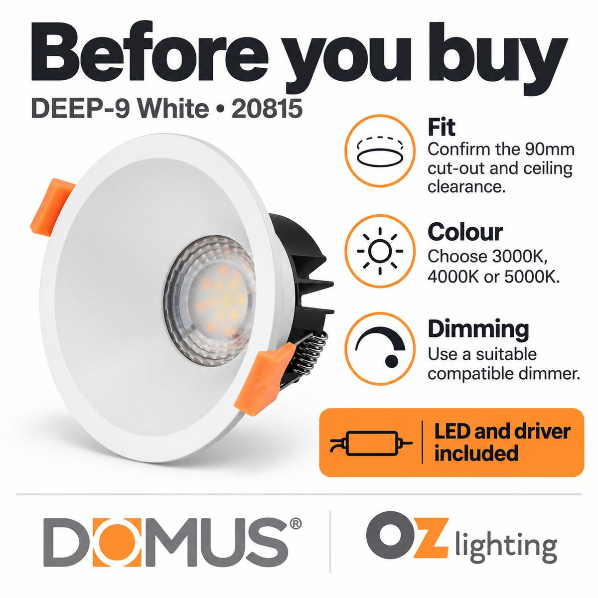 Domus DEEP-9 LED Downlight - 9W, Tri-Colour, Dimmable, IP54, Fixed, Deep Face-Domus Lighting-Ozlighting.com.au
