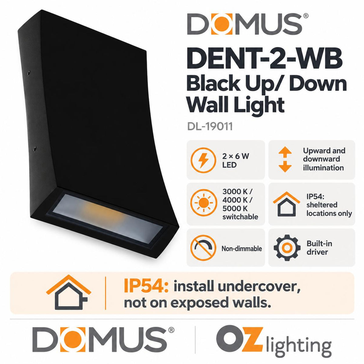 Domus DENT-2-WB LED Up/Down Wall Light - 2X6W, Tri-Colour, IP54-Domus Lighting-Ozlighting.com.au