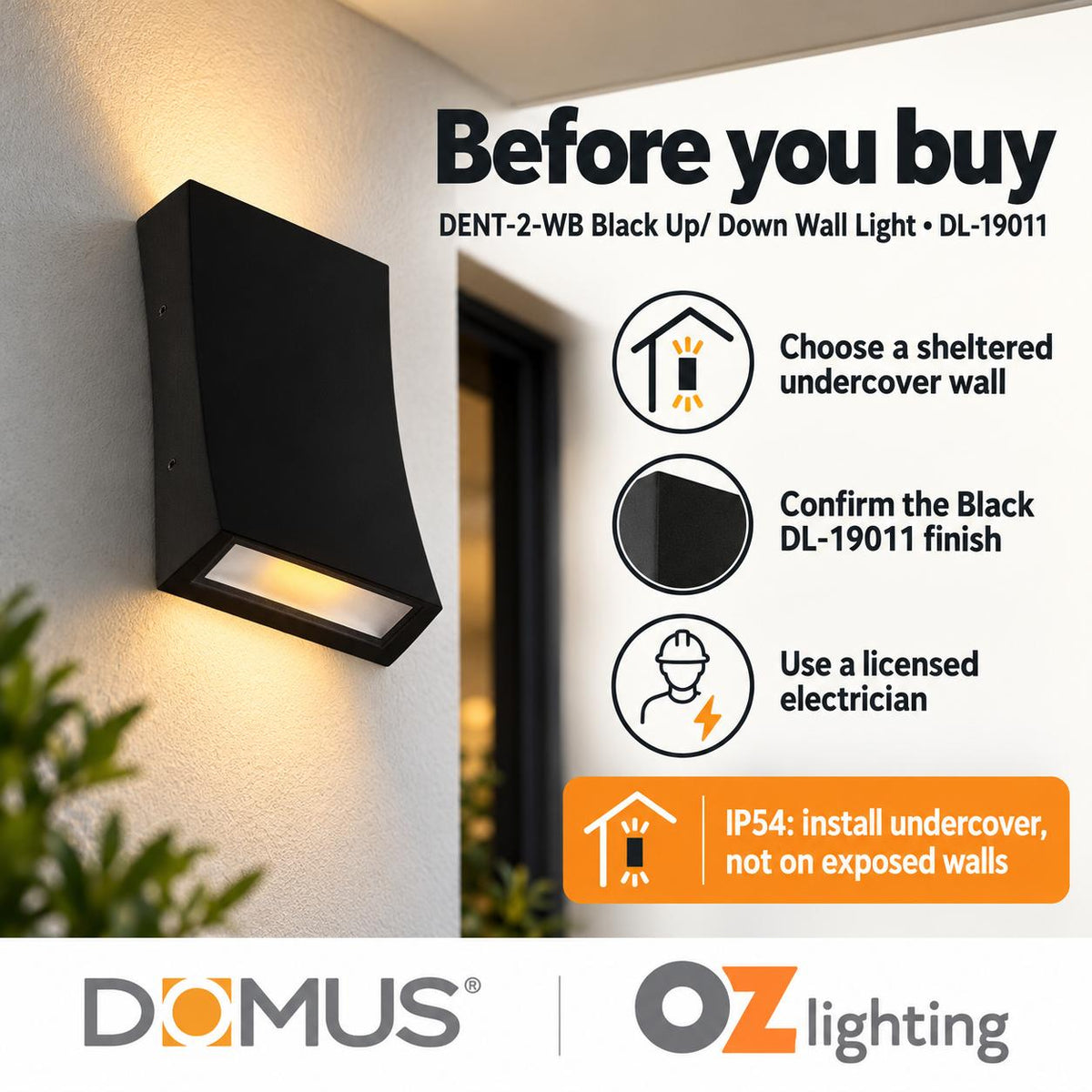 Domus DENT-2-WB LED Up/Down Wall Light - 2X6W, Tri-Colour, IP54-Domus Lighting-Ozlighting.com.au
