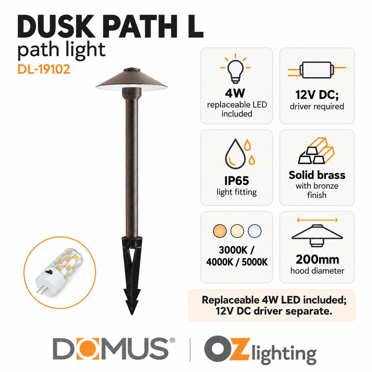 Domus DUSK-PATH-L 4W 12V DC LED Tri-Colour G4 Replaceable Outdoor Large Hooded Spike - Path Light IP65 Solid - DRIVER REQUIRED-Domus Lighting-Ozlighting.com.au