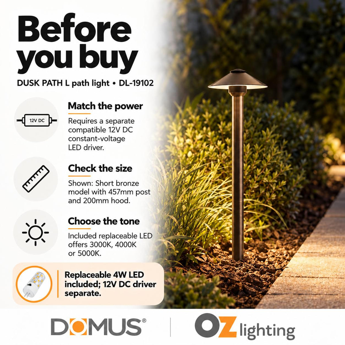 Domus DUSK-PATH-L 4W 12V DC LED Tri-Colour G4 Replaceable Outdoor Large Hooded Spike - Path Light IP65 Solid - DRIVER REQUIRED-Domus Lighting-Ozlighting.com.au