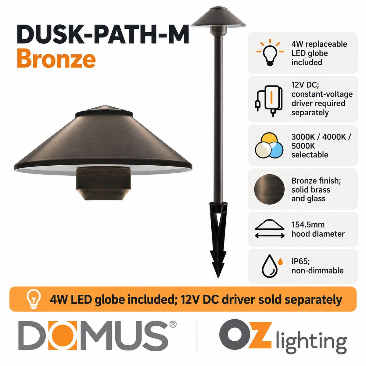 Domus DUSK-PATH-M 4W 12V DC LED Tri-Colour G4 Replaceable Outdoor Medium Hooded Spike - Path Light IP65 Solid - DRIVER REQUIRED-Domus Lighting-Ozlighting.com.au