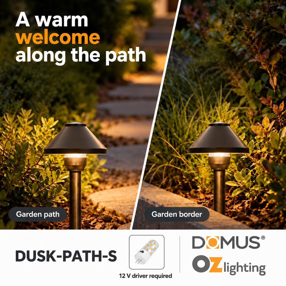 Domus DUSK-PATH-S 4W 12V DC LED Tri-Colour G4 Replaceable Outdoor Small Hooded Spike - Path Light IP65 Solid - DRIVER REQUIRED-Domus Lighting-Ozlighting.com.au