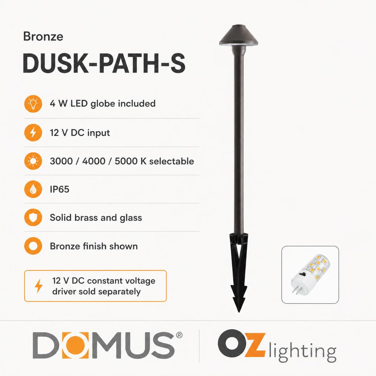 Domus DUSK-PATH-S 4W 12V DC LED Tri-Colour G4 Replaceable Outdoor Small Hooded Spike - Path Light IP65 Solid - DRIVER REQUIRED-Domus Lighting-Ozlighting.com.au