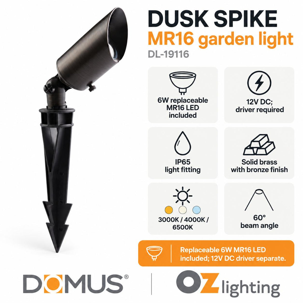 Domus DUSK-SPIKE-MR16 LED Garden Spike Light - 6W, 12V DC, MR16, Tri-Colour, IP65 - DRIVER REQUIRED-Domus Lighting-Ozlighting.com.au