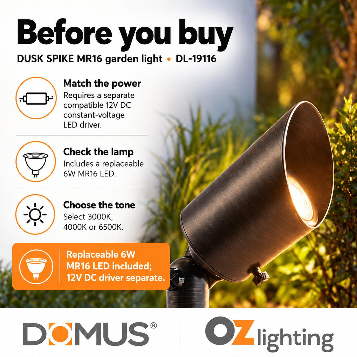 Domus DUSK-SPIKE-MR16 LED Garden Spike Light - 6W, 12V DC, MR16, Tri-Colour, IP65 - DRIVER REQUIRED-Domus Lighting-Ozlighting.com.au