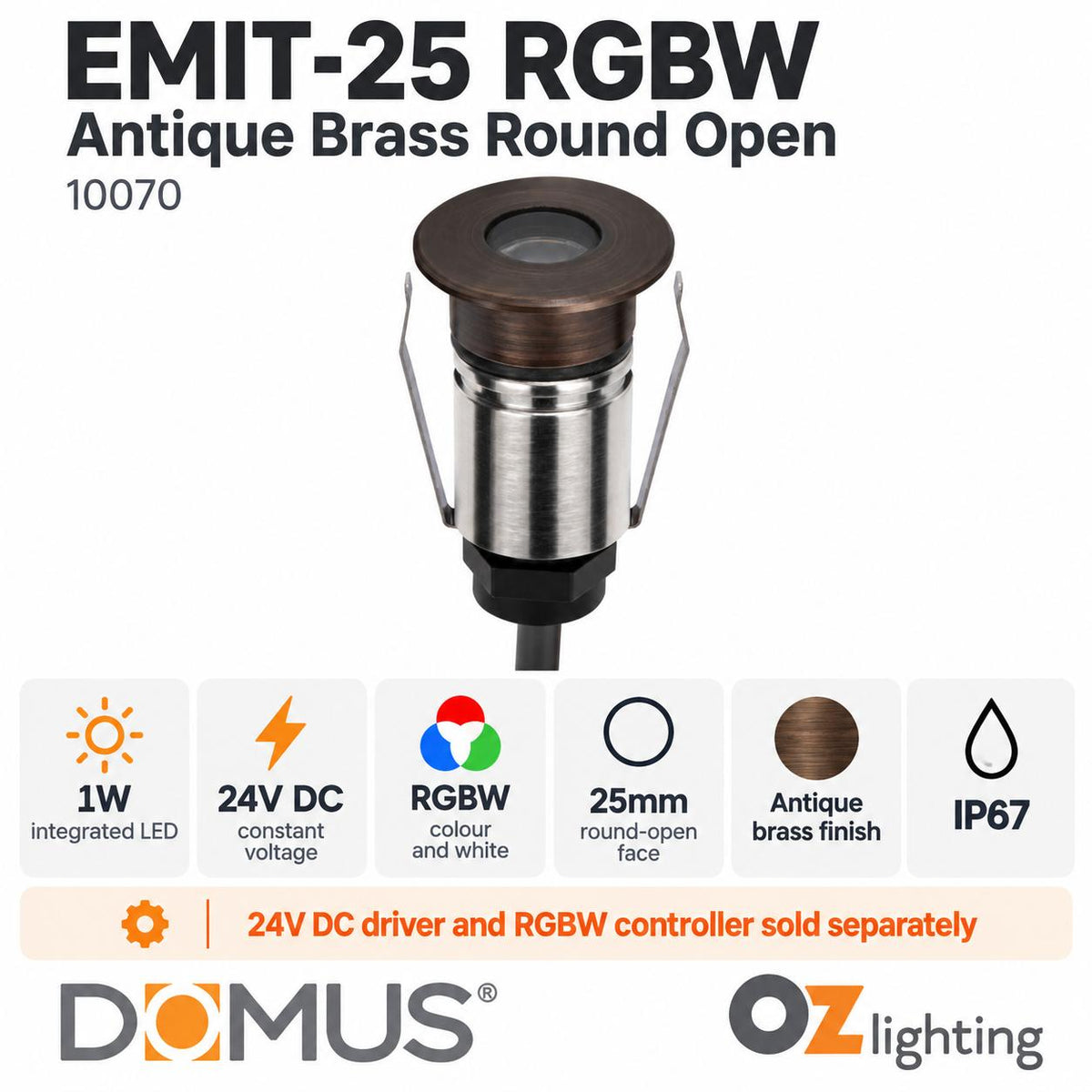 Domus EMIT-25-RGBW-AB RGBW Step & Inground Light - 25mm Antique Brass - DRIVER REQUIRED-Domus Lighting-Ozlighting.com.au