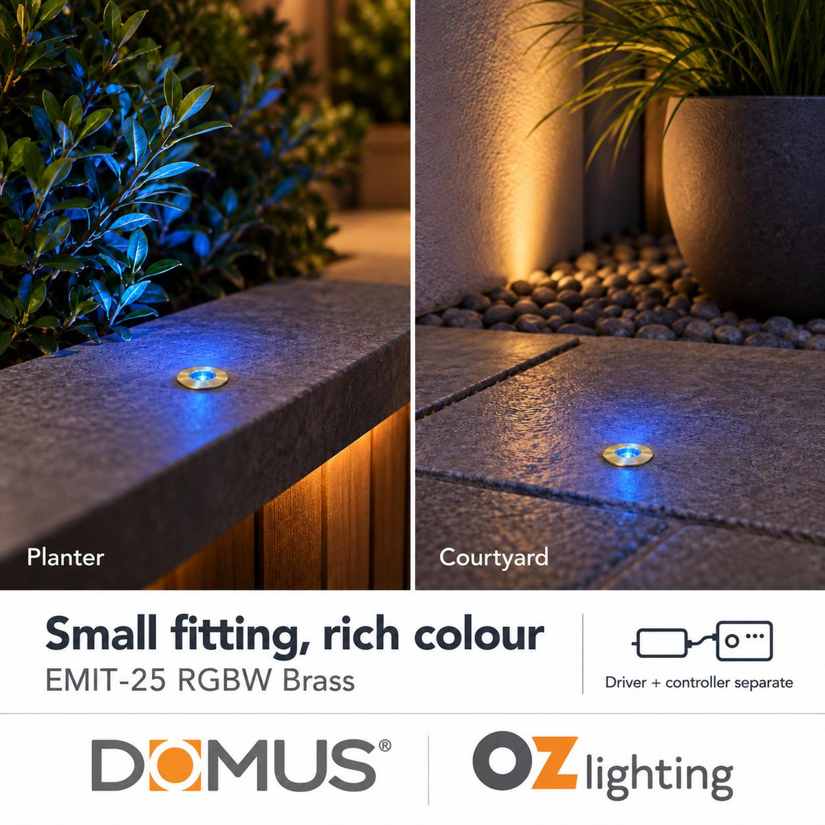 Domus EMIT-25-RGBW-BRS LED Inground Light - 1W, 24V DC, RGBW, IP67, Recessed, 25mm, Brass - DRIVER REQUIRED-Domus Lighting-Ozlighting.com.au