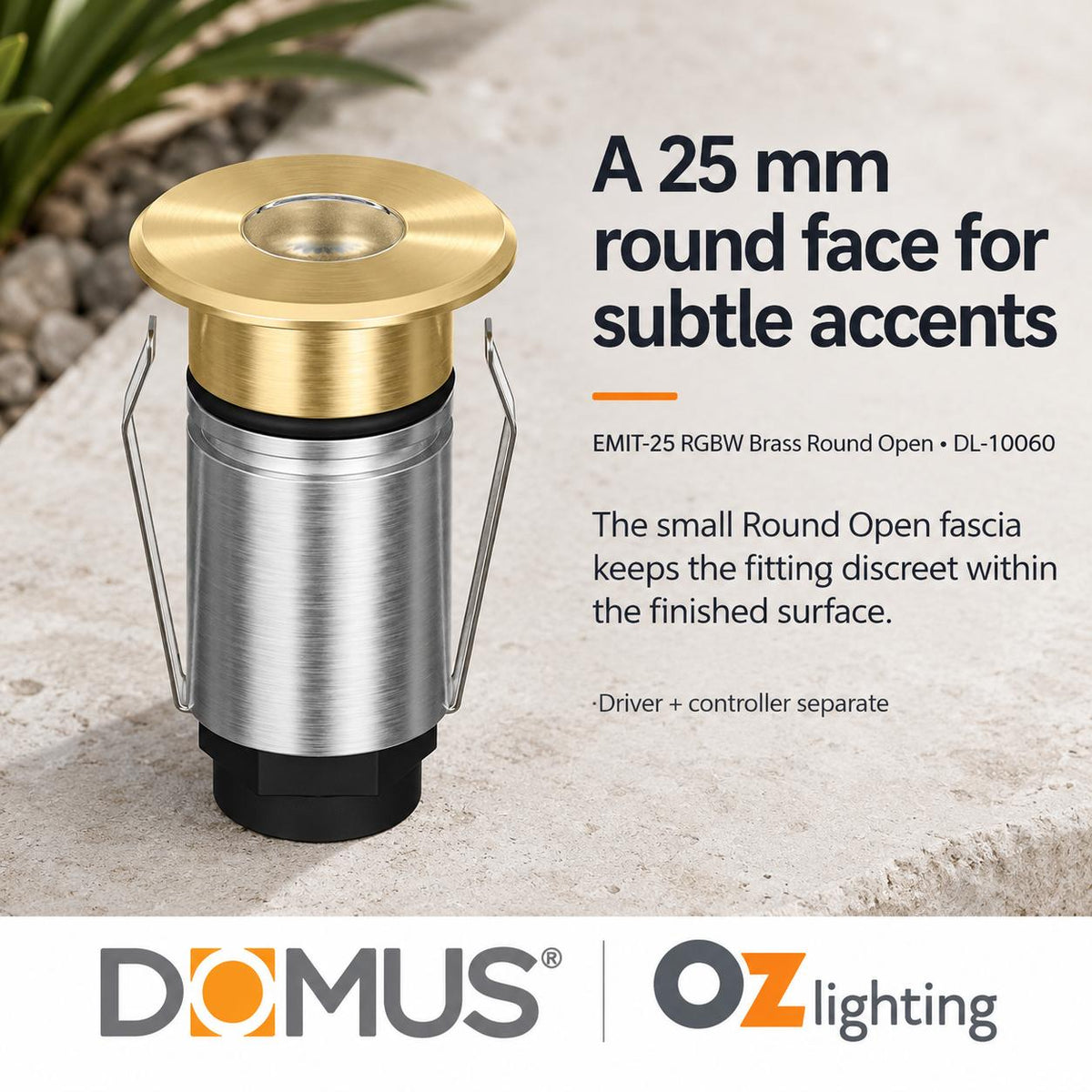 Domus EMIT-25-RGBW-BRS LED Inground Light - 1W, 24V DC, RGBW, IP67, Recessed, 25mm, Brass - DRIVER REQUIRED-Domus Lighting-Ozlighting.com.au