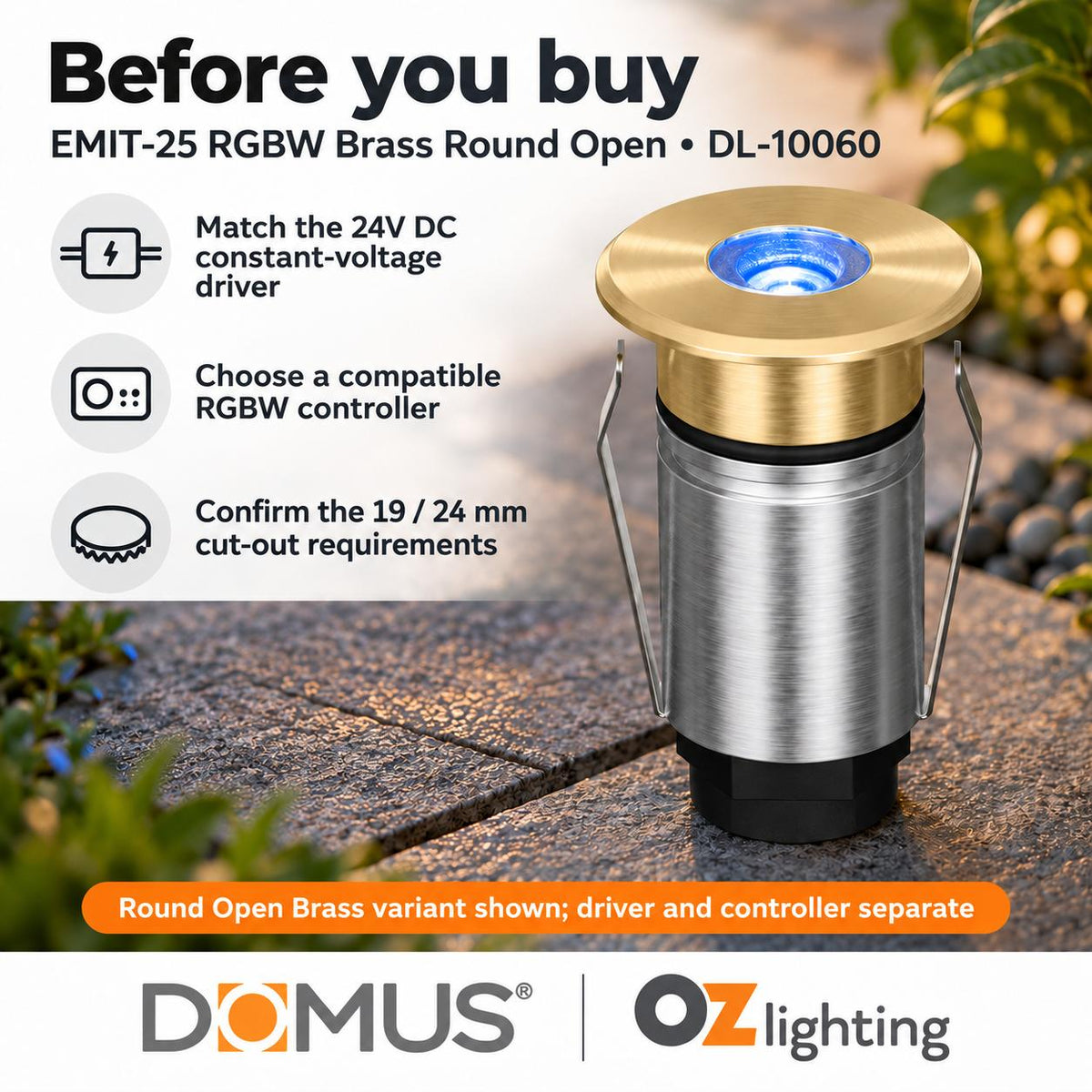 Domus EMIT-25-RGBW-BRS LED Inground Light - 1W, 24V DC, RGBW, IP67, Recessed, 25mm, Brass - DRIVER REQUIRED-Domus Lighting-Ozlighting.com.au