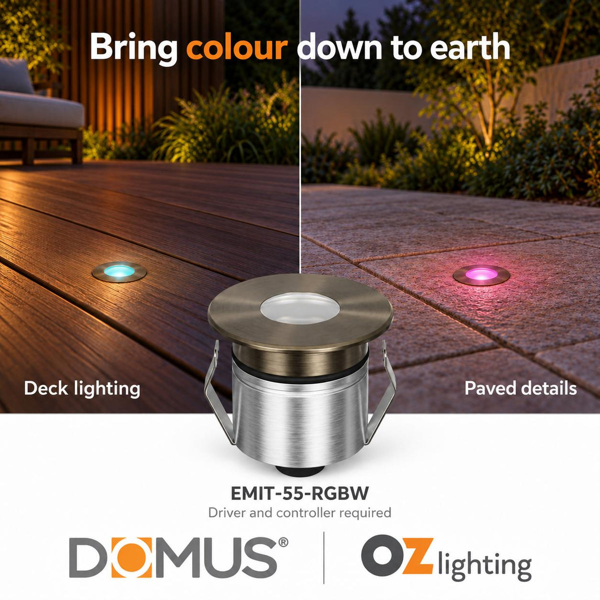 Domus EMIT-55-RGBW-AB LED Inground Light - 2.5W, 24V DC, RGBW, IP67, Recessed, 55mm, Antique Brass - DRIVER REQUIRED-Domus Lighting-Ozlighting.com.au